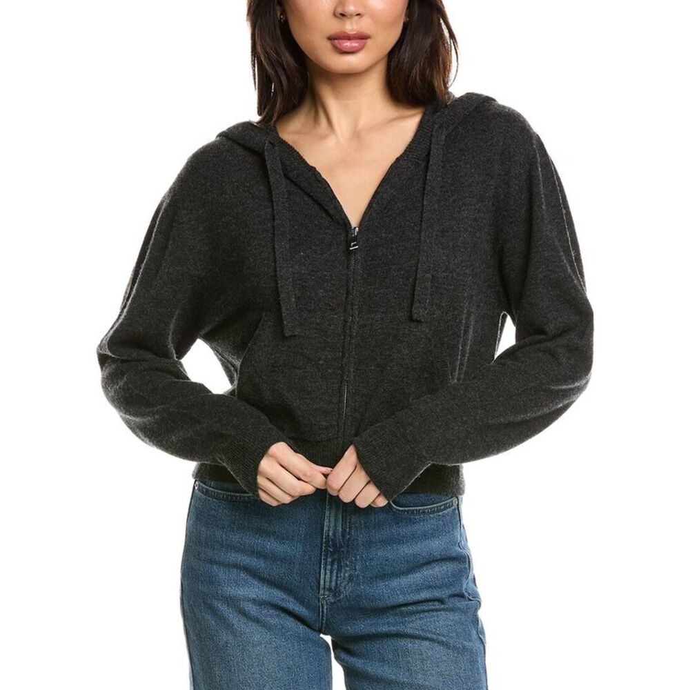 Brodie Cashmere Womens  Cropped Zip Up Wool & Cashmere-Blend Hoodie, Gray
